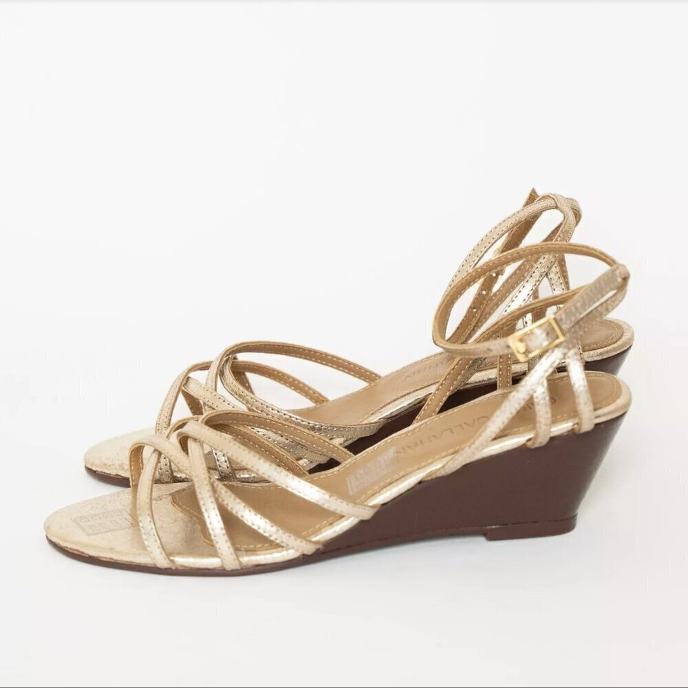 Caron Callahan Sandals Leather Gold Metallic Strappy Wedge Heel Estie - Picture 4 of 15